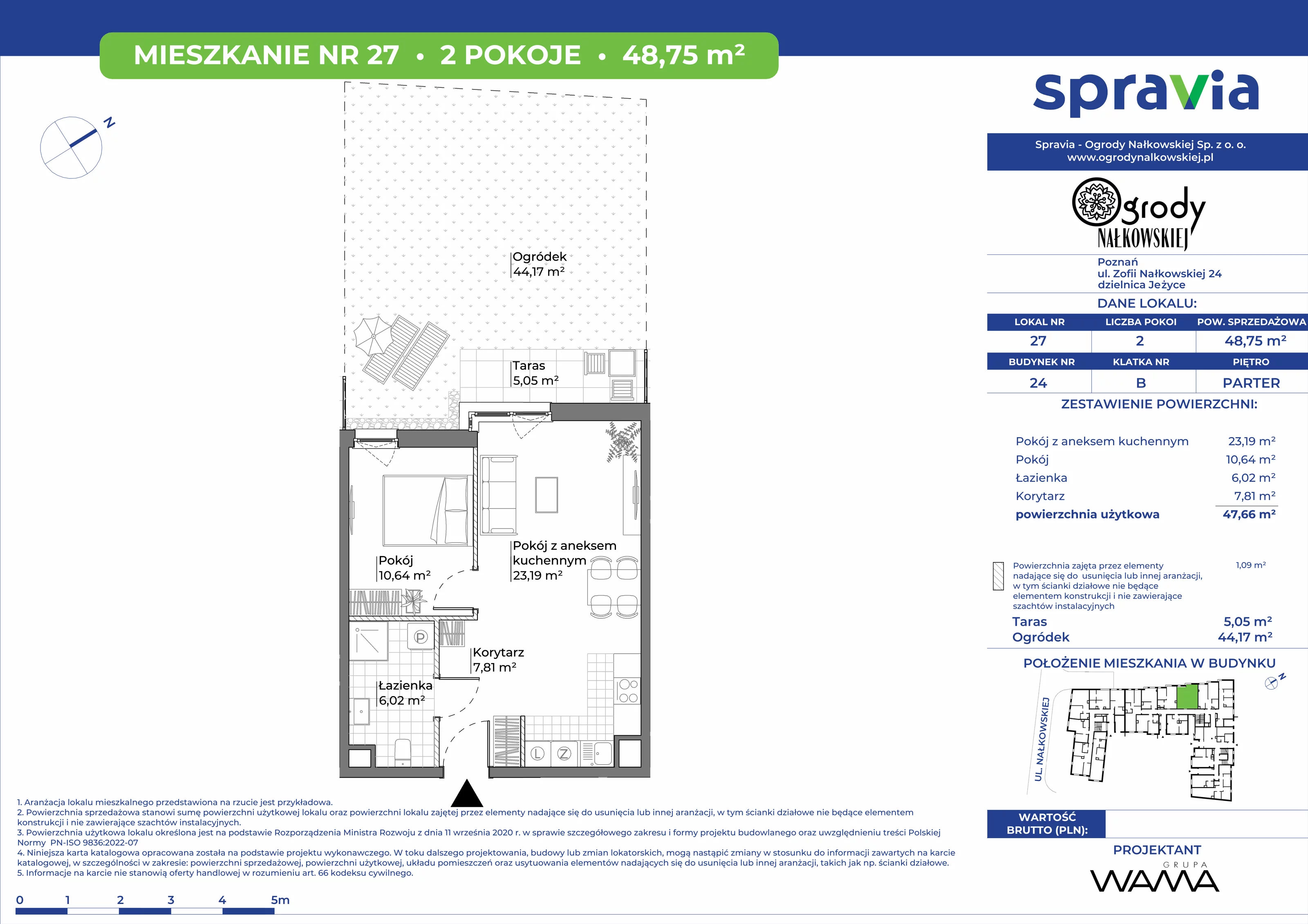 2 pokoje, mieszkanie 48,75 m², parter, oferta nr 24-27, Ogrody Nałkowskiej, Poznań, Ogrody, ul. Nałkowskiej 24, 26